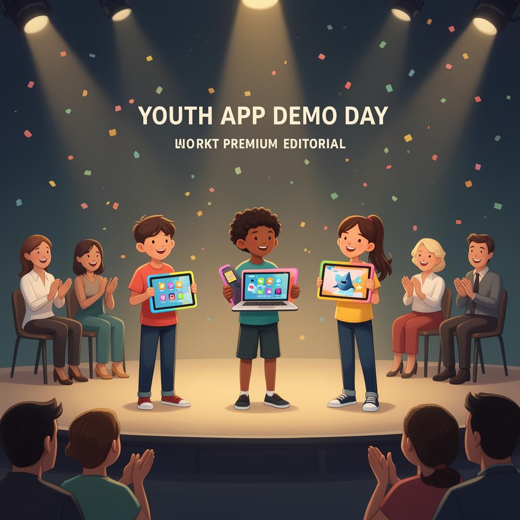 Kid builders presenting apps on a demo day stage with friendly adult panel