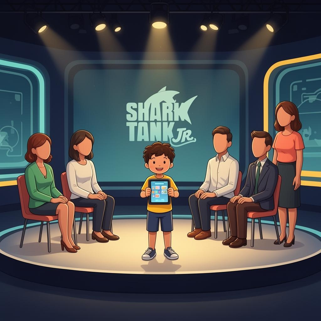 A safe pitch room with a kid presenting an app to a friendly mentor panel